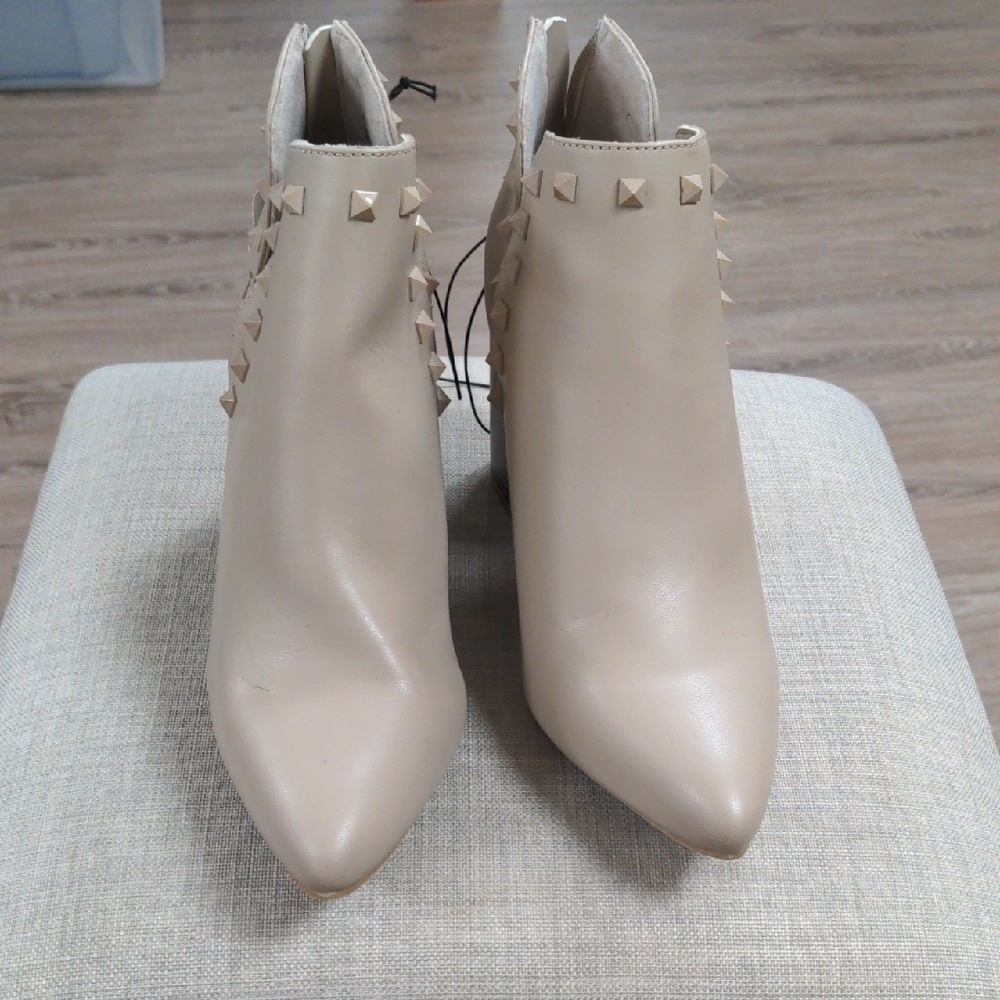 Cream Stiletto Ankle Boots with Gold Studs